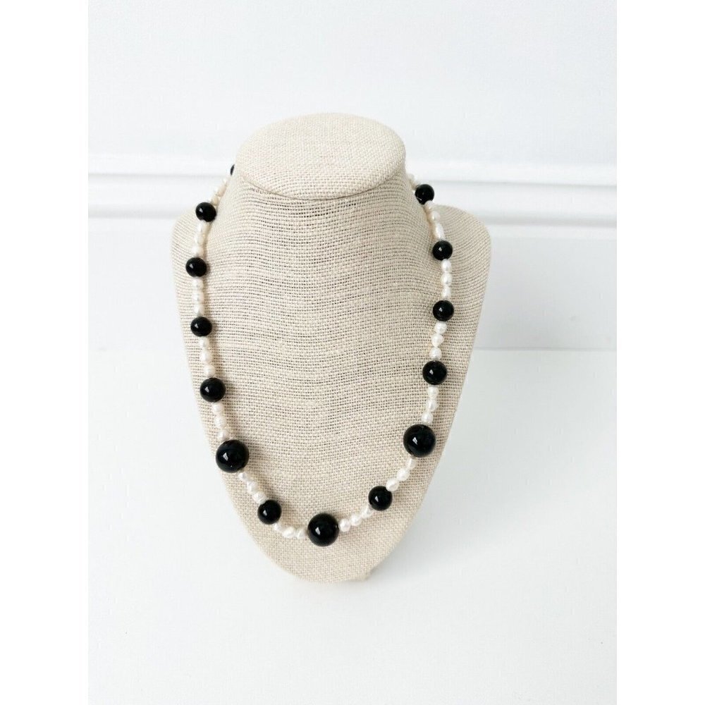 NWT Genuine Black Onyx & Pearls Necklace Black White